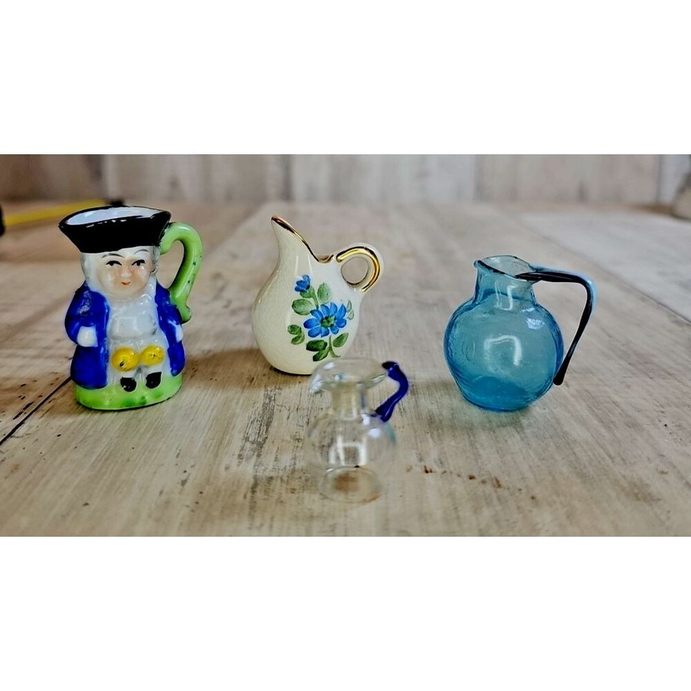 Lot of 4 Vintage Miniature Pitchers Ceramic Glass Figurine Floral Creamers